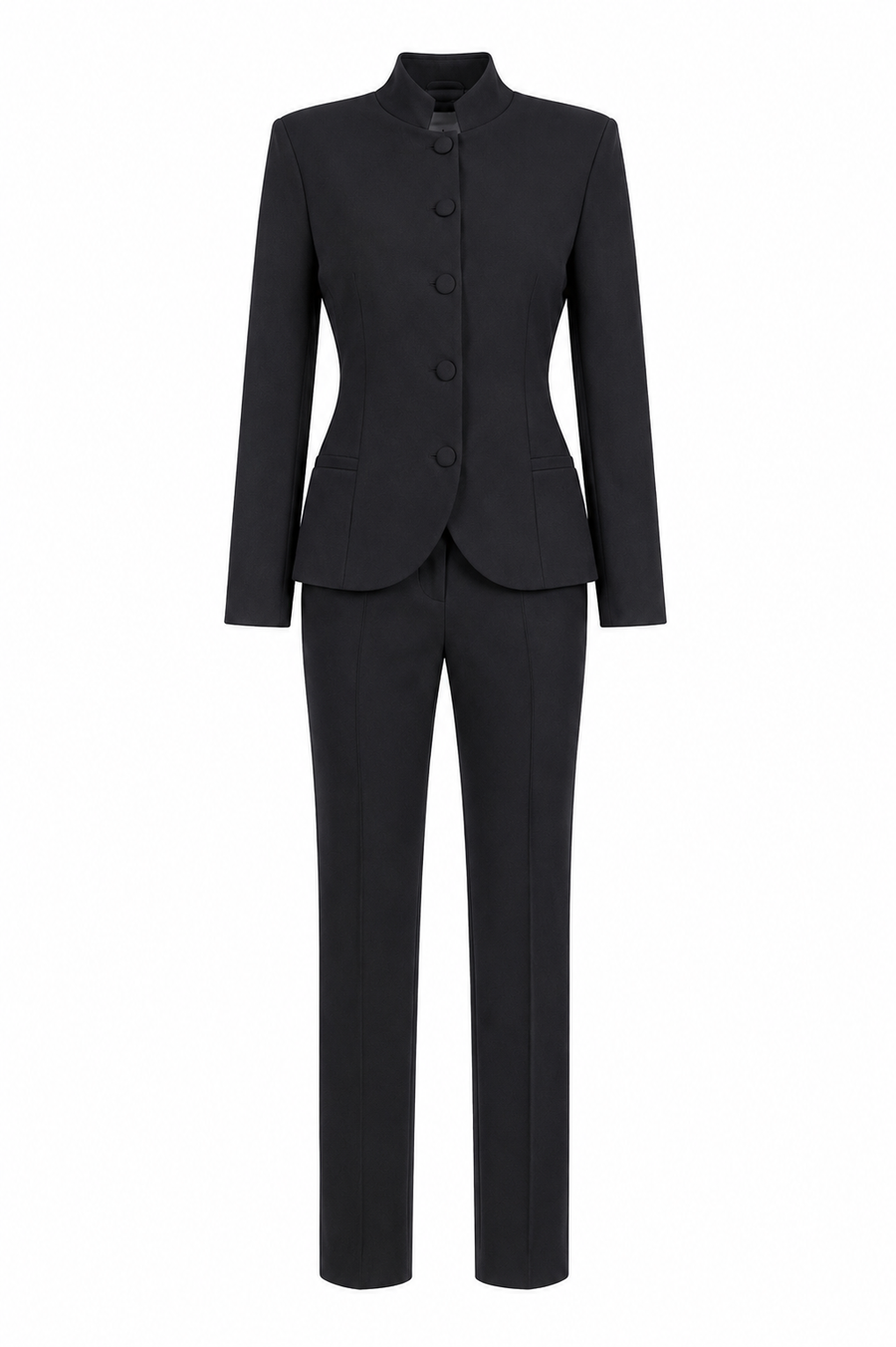 Costum black cu sacou cambrat si guler tunica