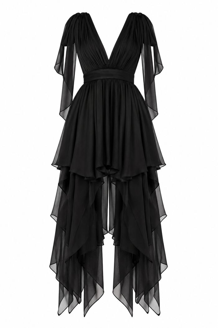 Black dress with asymmetrical scarves