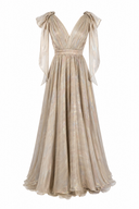 Long film-coated silk dress with deep neckline