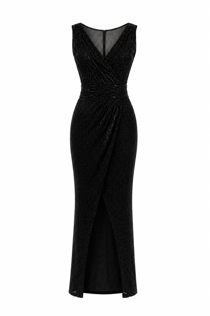 Long black sequin dress with front slit