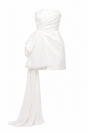 Rochie mini din matase cu funda oversized si trena laterala