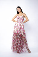 Rochie lunga din matase cu bretele si imprimeu cu buline Pink