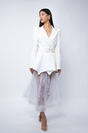 Fusta midi din dantela cu volan din tull White