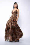 Rochie lunga cu bretele si imprimeu cu buline Brown