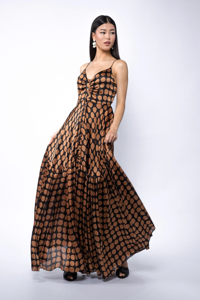 Rochie lunga cu bretele si imprimeu cu buline Brown