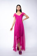 Rochie asimetrica lejera din amestec de matase Fucsia