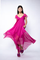 Rochie asimetrica lejera din amestec de matase Fucsia