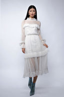 Rochie midi din voal de matase peliculizata cu volane delicate