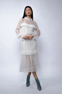 Rochie midi din voal de matase peliculizata cu volane delicate