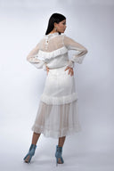 Rochie midi din voal de matase peliculizata cu volane delicate