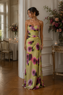 Rochie lunga din matase imprimata cu slit lateral