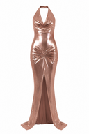 Rochie lunga sirena cu fronseuri si slit frontal