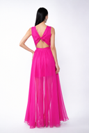 Rochie din voal cu amestec de matase si spate decupat fucsia