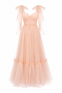 Long tulle dress with bow straps