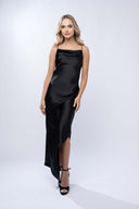 Rochie satinata asimetrica cu spatele decupat