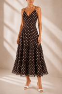 Rochie midi din voal cu buline si spate decupat Brown Polka Dot