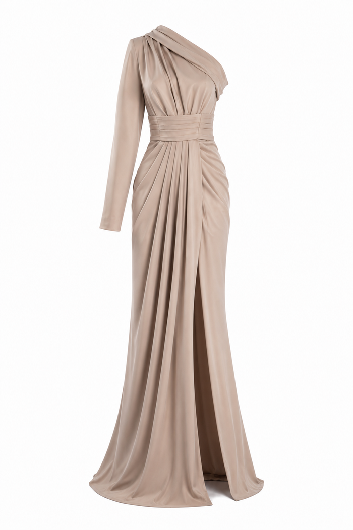 Long asymmetrical dress with drapes