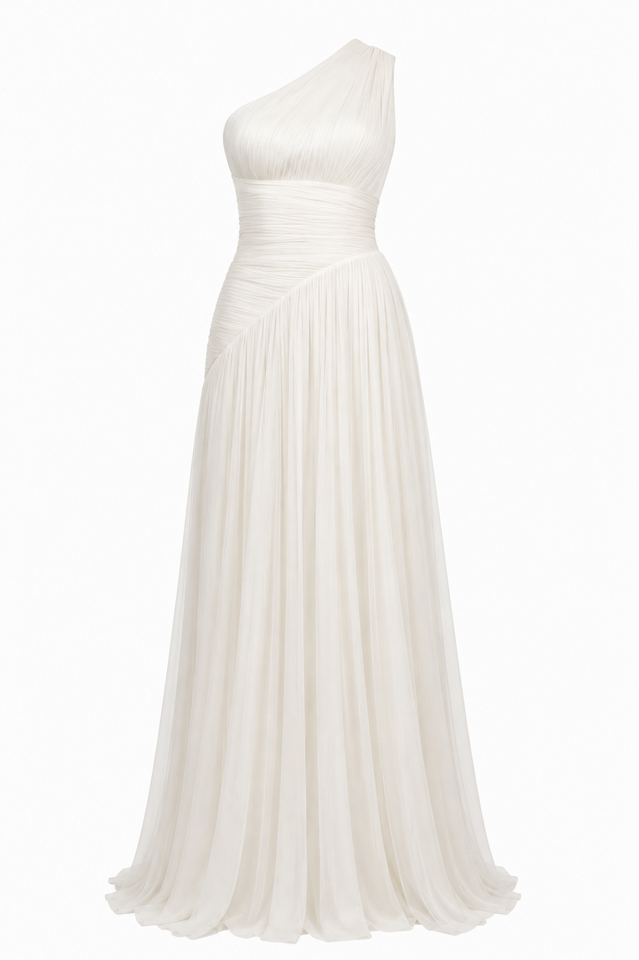 Rochie lunga tull matase asimetrica ivory