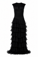 Rochie lunga  cu bust fronsat si volane ample