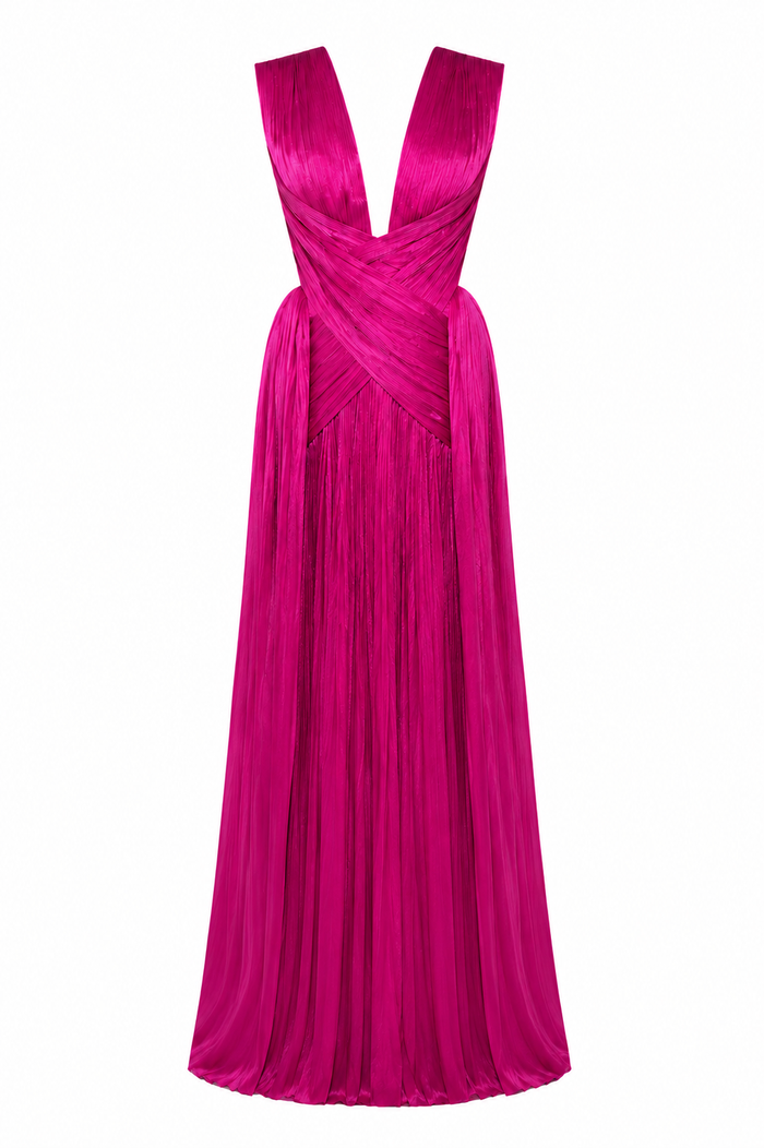 Long fuchsia film-coated silk tulle dress