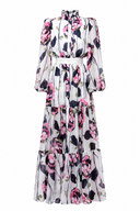 Rochie lunga cu guler inalt si imprimeu floral pictural