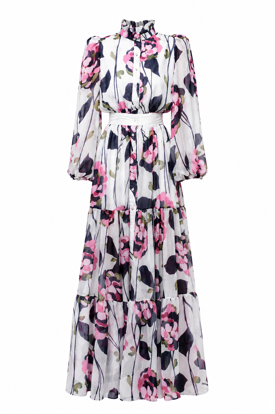 Rochie lunga cu guler inalt si imprimeu floral pictural