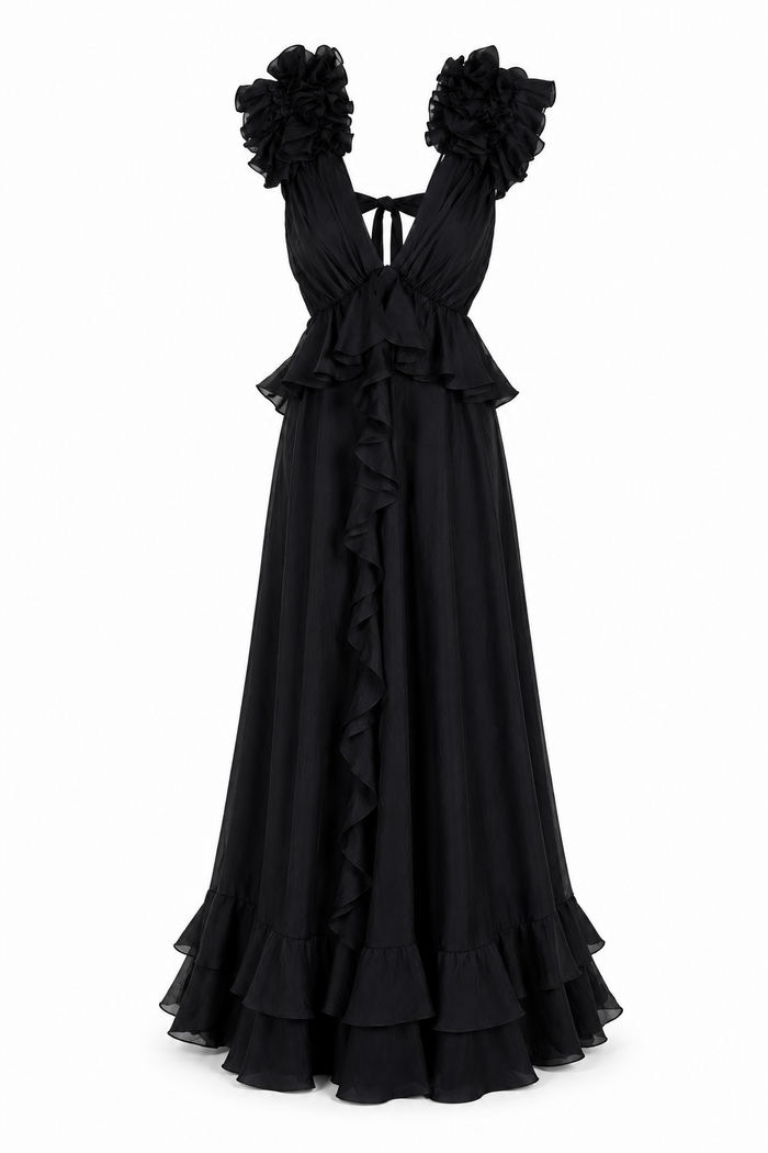 Rochie lunga cu decupaje si volane Black