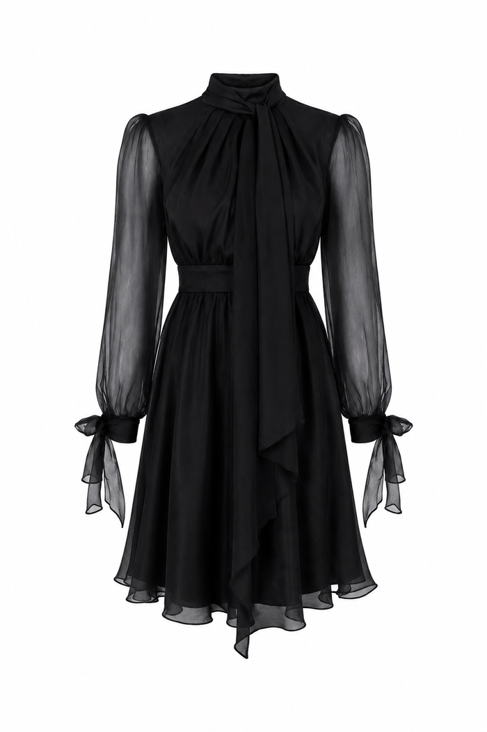 Rochie midi din voal de matase cu esarfe Black