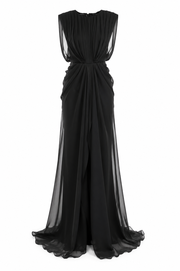 Long pleated dress with open back