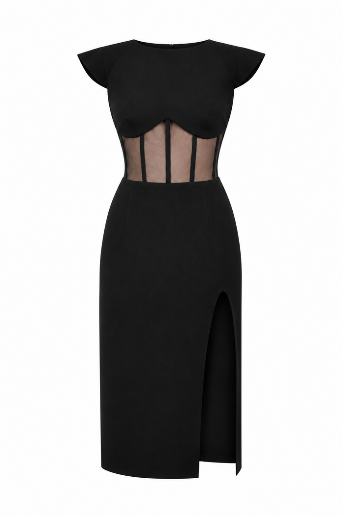 Rochie midi neagra cu corset transparent si slit