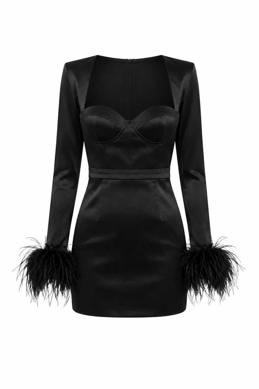 Rochie mini neagra cu maneci lungi si pene