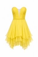 Short yellow strapless dress with gathered bodice