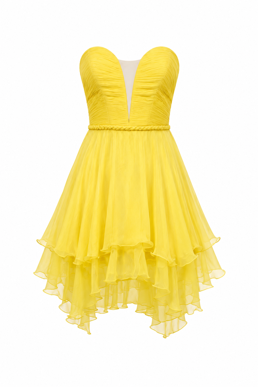 Rochie scurta galbena fara bretele cu bust fronsat