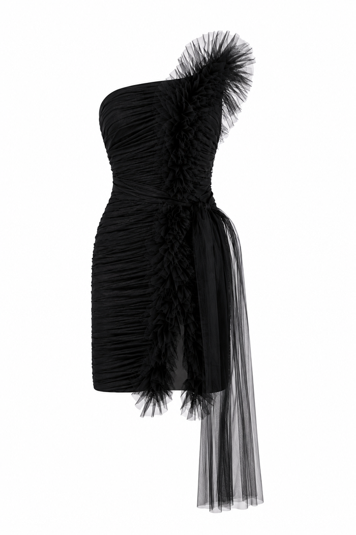 Short tulle dress with slit and bare shoulder 