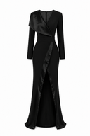 Rochie lunga neagra petrecuta cu rever asimetric