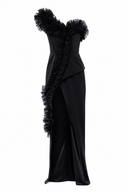 Rochie lunga asimetrica neagra cu volane din matase