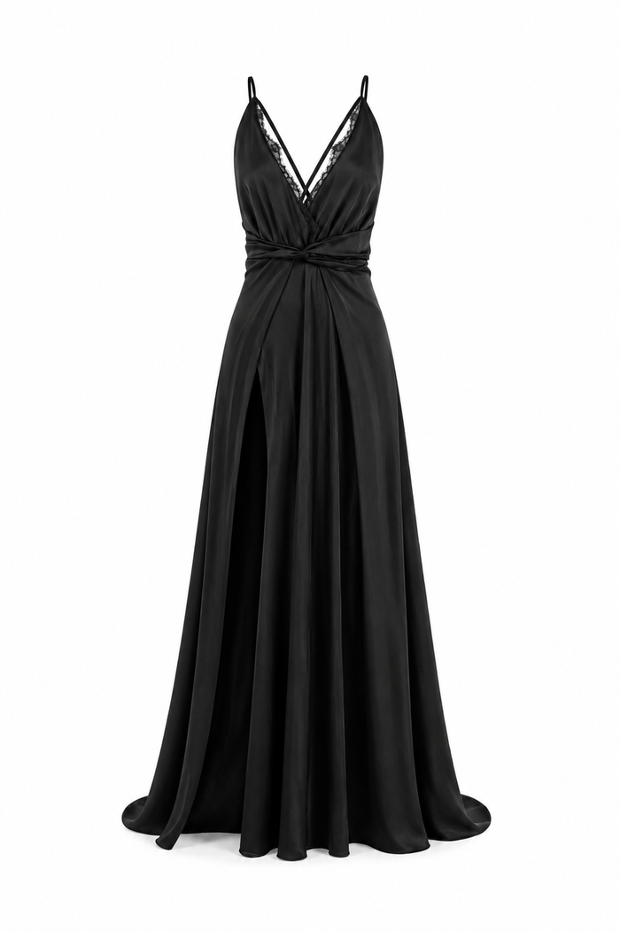 Long black dress with lace and front slit
