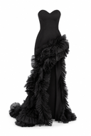 Rochie neagra  asimetrica din matase cu volane dramatice