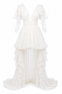 Dress with long detachable skirt and dramatic ruffles