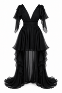 Rochie neagra cu fusta lunga detasabila si volane dramatice