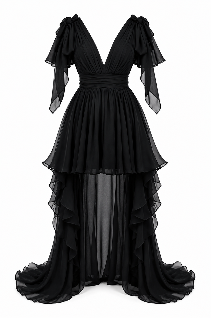 Rochie neagra cu fusta lunga detasabila si volane dramatice