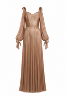 Long dress in film-coated silk tulle with gathered bodice and flowing sleeves