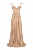 Long silk tulle dress with hand embroidery and corset