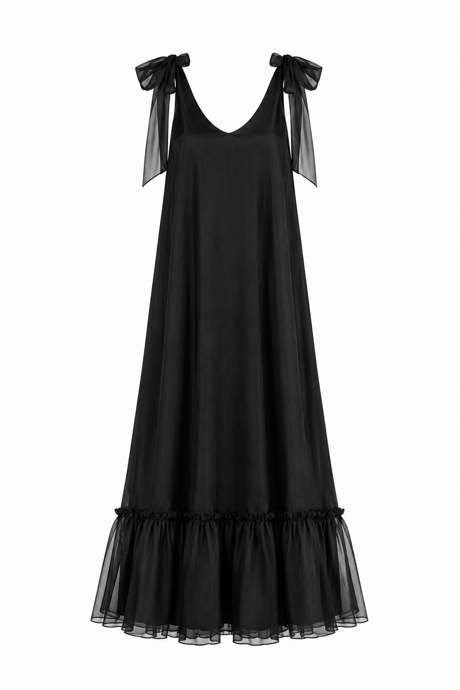 Rochie lunga vaporoasa din matase cu esarfe Black