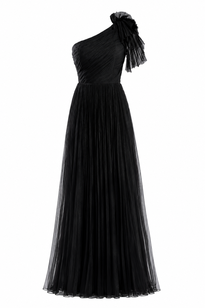 Asymmetrical silk dress with one accessorized shoulder