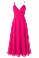 Rochie midi  cu bretele subtiri si decolteu petrecut Fucsia