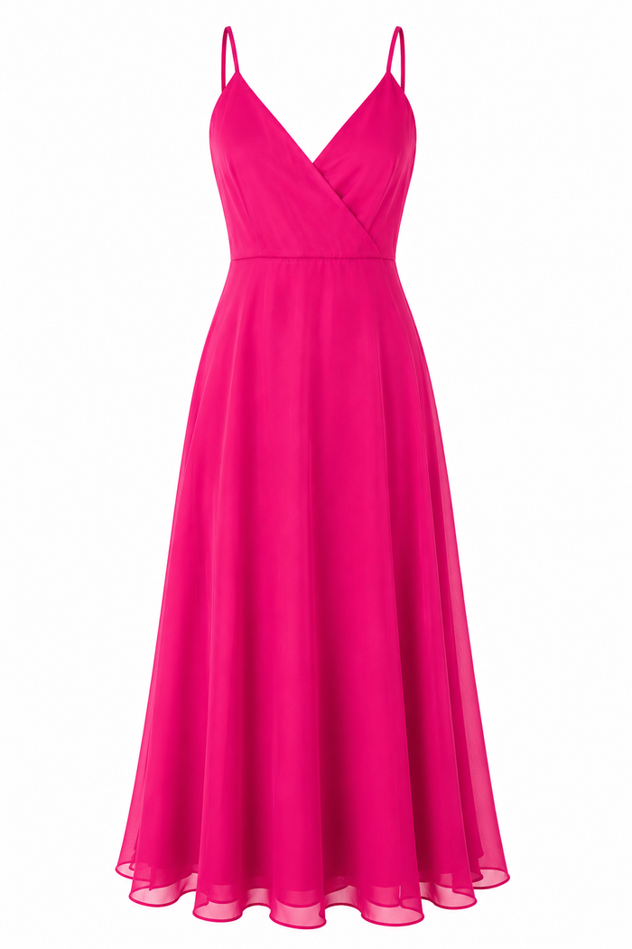 Rochie midi  cu bretele subtiri si decolteu petrecut Fucsia