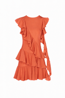 Rochie mini Burnt Orange asimetrica cu volane
