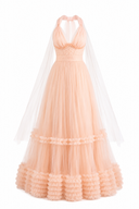 Rochie lunga din tulle cu volane suprapuse